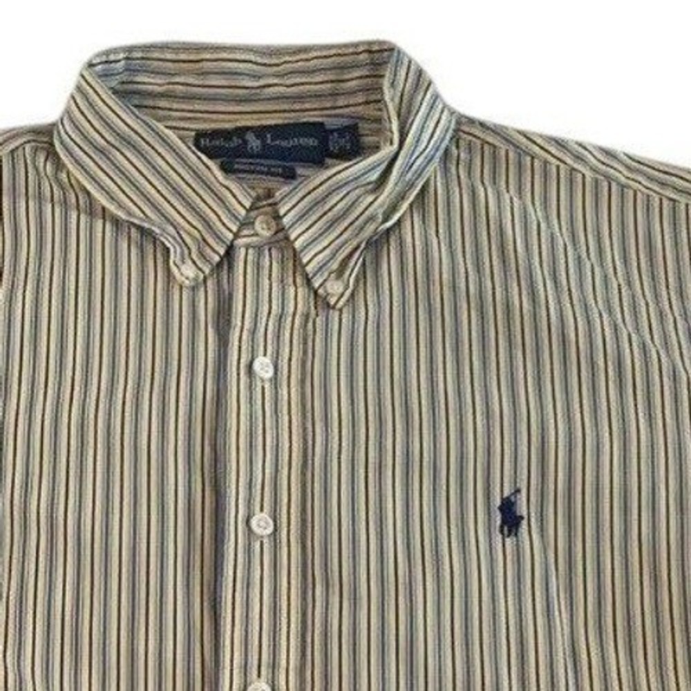 Ralph Lauren Stripe Button Down Shirt Men 18 36/37 Custom Fit Cotton Yellow Blue